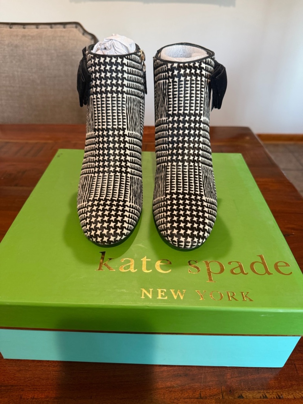 kate spade Black & White Houndstooth Ankle Boots with Velvet Bow - Picture 2 of 4